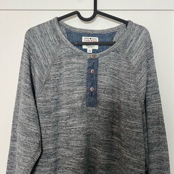 Lucky Brand Mens Polo Shirt Pullover Large Gray 1/4 Button Thermal Henley Cotton - Picture 2 of 13
